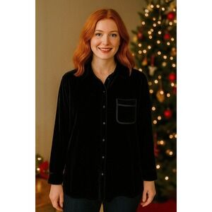 Dana B & Karen Top Women 14 Silk Velvet Button Up Ultra Black Capsule Minimalist